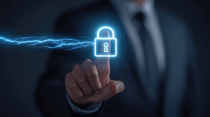 Business professional touching blue glowing padlock with electric lightning effects representing high tech security, fast authentication, digital protection