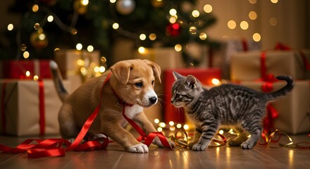 Two Puppies and a Kitten Sitting by Christmas Presents