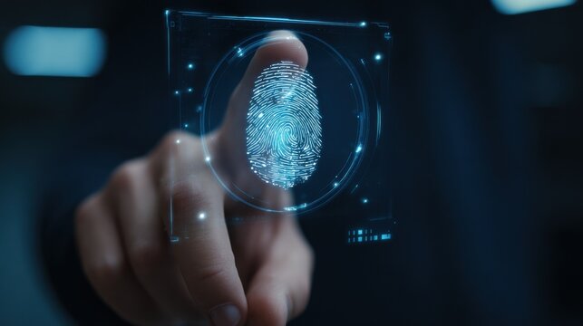 Finger touching blue glowing fingerprint on transparent digital interface representing futuristic biometric security, advanced authentication, tech innovation - Powered by Adobe