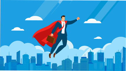 Dynamic businessman in superhero cape flying over cityscape © PRODIP