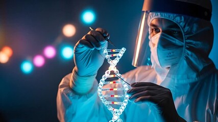 Decoding the Code: A scientist in protective gear meticulously examines a glowing DNA model. This image is a tribute to scientific curiosity, technological progress.