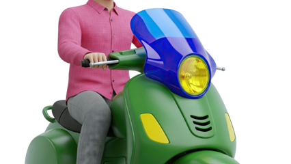 Person in pink shirt riding a green scooter with blue windshield
