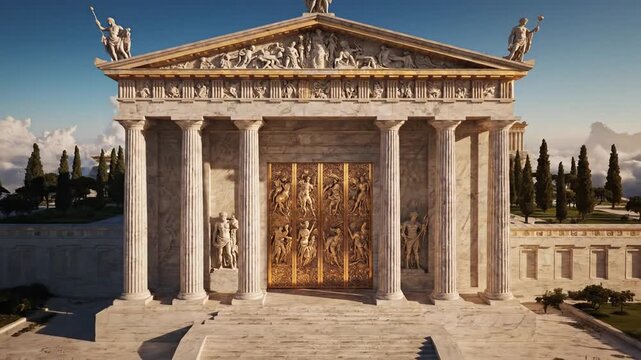 Ancient temple rises above clouded dawn; marble columns guard golden doors and celestial sculptures