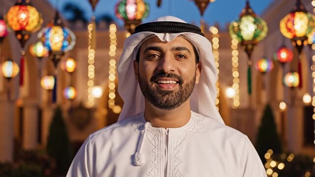 Smiling man in white kandura and shemagh stands before colorful lanterns at dusk, with festive glow