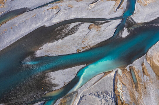 Aerial abstract of a braided river in Canterbury NZ