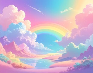 Pastel landscape featuring a rainbow, river, mountains, and fluffy clouds