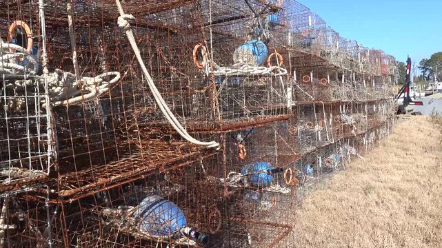 Prince George's Island, Maryland Stacked crab traps at a rural fishing dock. 