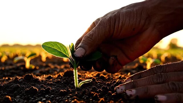 Nurturing Nature's Promise: Hands delicately cradle a nascent seedling in fertile earth, symbolizing growth, care, and the symbiotic relationship between humanity and the environment.