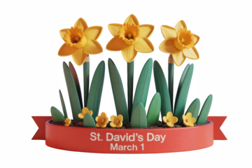 Stylized illustration featuring three prominent yellow daffodils growing from a planter announcing st david's day march 1 on transparent background