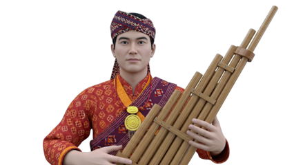 Man in traditional attire playing a Khaen instrument
