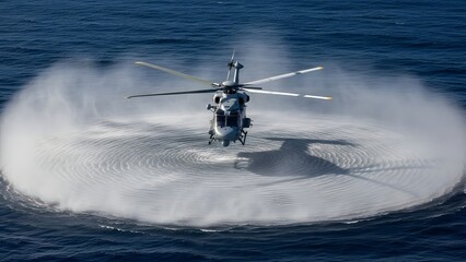 Front view of a tactical helicopter hovering low over the blue sea creating a massive circular mist and spray pattern