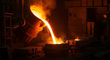 Intense scene of molten liquid metal pouring from a crucible in a dark foundry