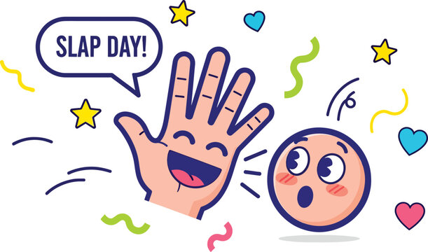A playful cartoon hand and face celebrate Slap Day with colorful confetti and emoticons, conveying joy and humor.
