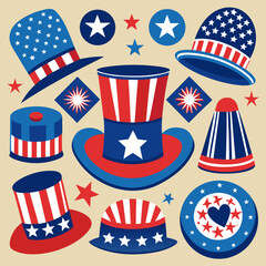 A collection of patriotic hats decorated with American flag colors and star patterns.