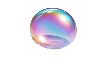 Iridescent soap bubble floating, reflecting colorful light on an abstract transparent background, cleaning and purity concept