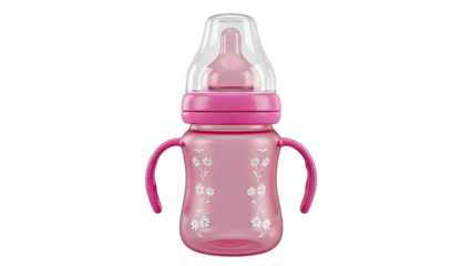 Pink baby bottle with handles and floral decoration