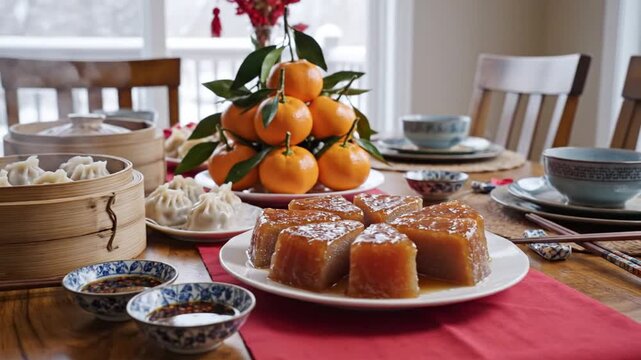 Traditional Chinese New Year Feast with Steaming Dumplings, Nian Gao, and Lucky Tangerines