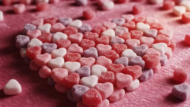 A vibrant collection of sugar-coated, heart-shaped candies in shades of pink, red, white, and subtle purple are artfully arranged, forming a prominent heart shape on a soft pink background. The gliste