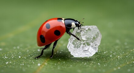 Macro photograph of a ladybug interacting with a small piece of ice or crystal on a green leaf