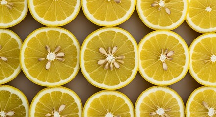Seamless pattern of bright yellow sliced citrus fruits arranged in a uniform grid