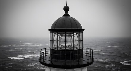 Dramatic black and white image of a lighthouse standing firm against a stormy, rough sea
