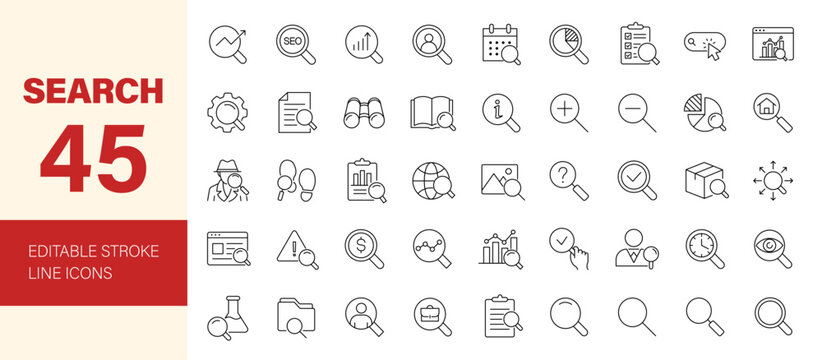 Search icon set. Magnifying glass icon collection. Editable line icons. Vector illustration.