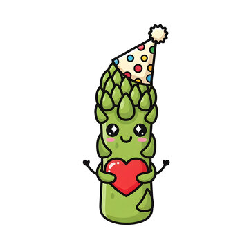 Adorable green cactus character wearing a colorful party hat and holding a red heart, cute festive plant illustration isolated on white background, cheerful celebration concept, kawaii botanical chara