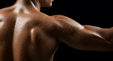 Close-up of a muscular man's sweaty back and shoulder against a dark, dramatic background