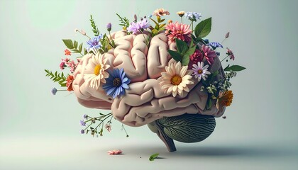 Conceptual image of a human brain intertwined with flowers symbolizing self care, mental health, emotional balance, and personal growth in a calm wellness lifestyle theme.