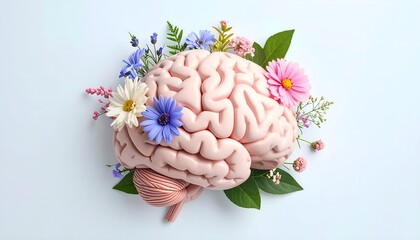 Conceptual image of a human brain intertwined with flowers symbolizing self care, mental health, emotional balance, and personal growth in a calm wellness lifestyle theme.