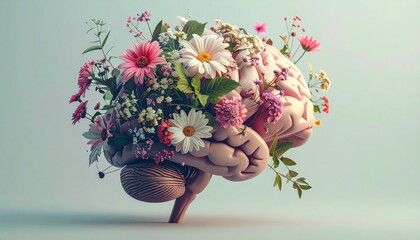 Conceptual image of a human brain intertwined with flowers symbolizing self care, mental health, emotional balance, and personal growth in a calm wellness lifestyle theme.