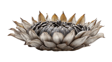 Dried sunflower head with ripe seeds displaying natural autumn texture and agricultural harvest concepts, transparent background
