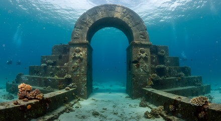 Ancient Stone Archway and Steps Submerged in Clear Blue Underwater Ruins