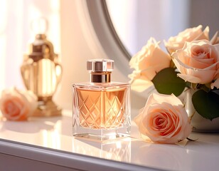 Perfume bottle and flowers on a white surface, sunny lighting