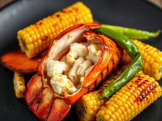 Grilled lobster tail with corn and peppers