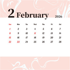 2026年2月の月間カレンダー 日曜始まり ピンクの抽象的デザイン