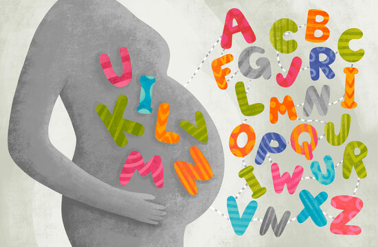 Expecting mother with colorful letters representing baby names
