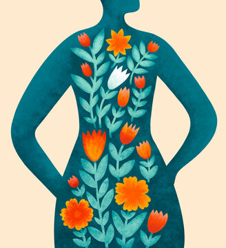 Vibrant floral design on human silhouette with green background