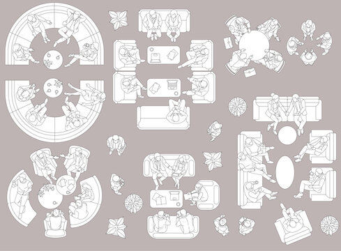 Handwritten top view business people architectural entourage