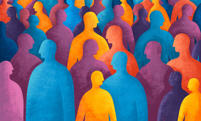 Colorful silhouettes create a vibrant crowd in abstract art