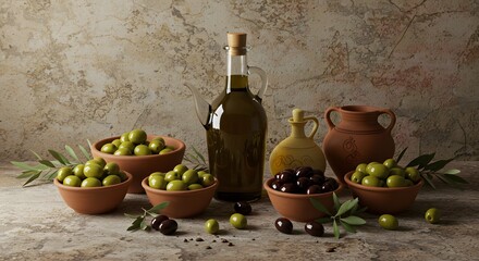 Rustic Still Life Composition with Olive Oil, Grapes, and Olives