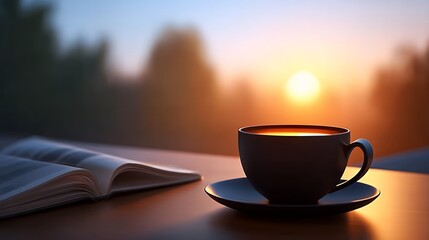 Warm Morning Coffee Cup And Open Book With Sunrise Background