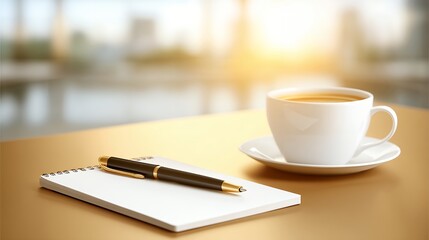 Coffee Cup And Notebook With Pen On A Golden Desk With Soft Morning Sunlight