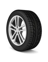 Obraz premium A single, isolated automotive tire and rim against a clean white background. It shows a detailed tread pattern