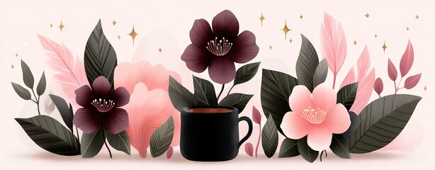 Dark Pink And Light Pink Flowers In A Black Mug And On A Light Pink Background