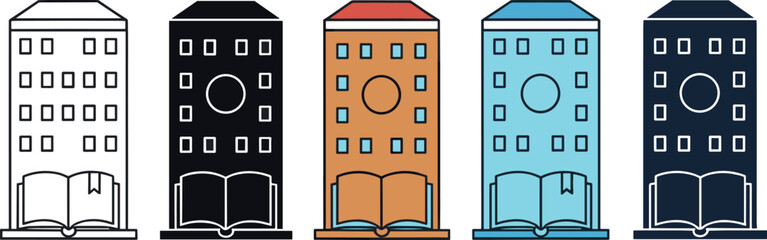 Obraz premium Education building and learning institution icon set vector illustration featuring school university buildings with open book symbols for academic education, knowledge, and training concept design