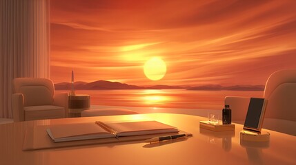 Luxury Office Overlooking Ocean Sunset Warm Golden Hour Reflection Calm Water Mountain Silhouette