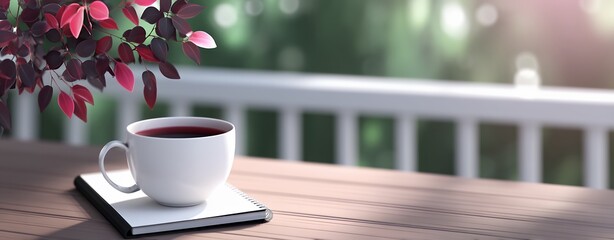Morning coffee cup on wooden table with red leaves and blurred green background balcony railing and sunlight