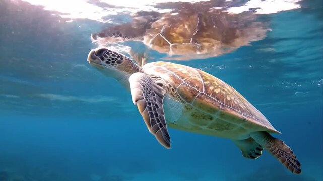 Underwater video showcasing a sea turtle gracefully swimming in clear blue ocean water