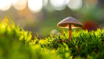A single mushroom stands tall amidst vibrant green moss, backlit by warm sunlight filtering through a blurred forest backdrop
